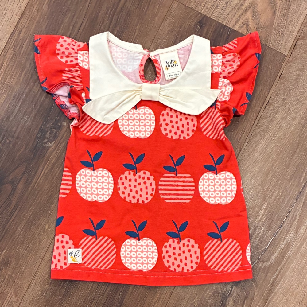Wildflowers Red Apple Top Shirt Collar Bow Flutter Sleeves 18m